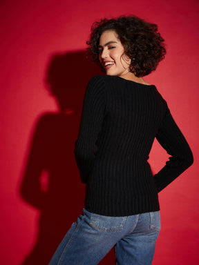 Black Rib V-Neck Sweater-SASSAFRAS