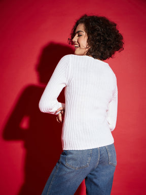 White Rib V-Neck Sweater-SASSAFRAS
