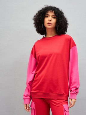 Red Knitted ColourBlock Oversize Sweatshirt-SASSAFRAS