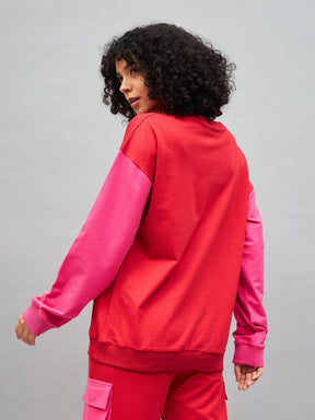 Red Knitted ColourBlock Oversize Sweatshirt-SASSAFRAS