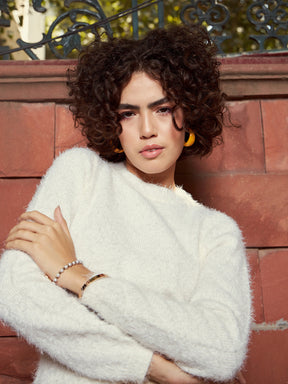 White Round Neck Hairy Fur Pullover Sweater-SASSAFRAS