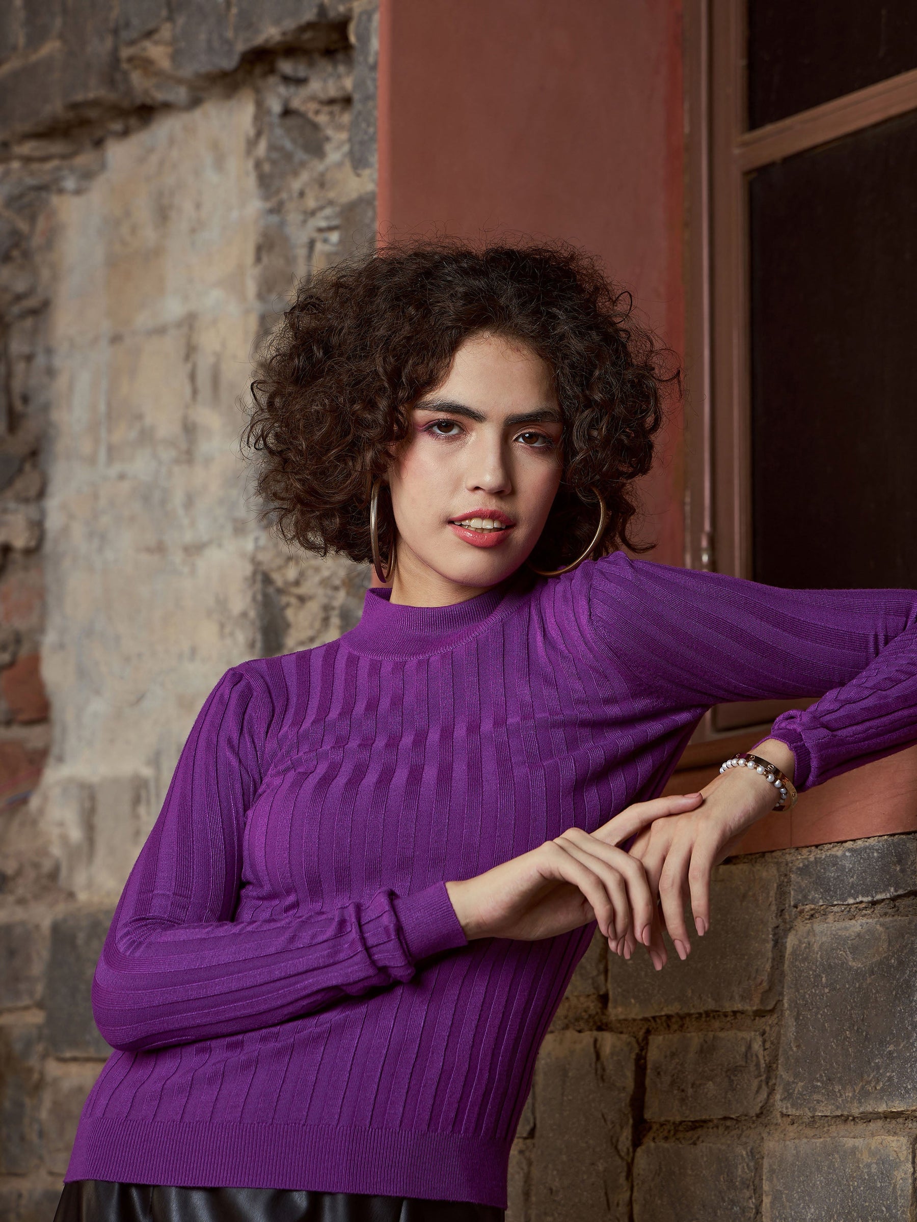 Purple Rib Full Sleeves High Neck Sweater-SASSAFRAS