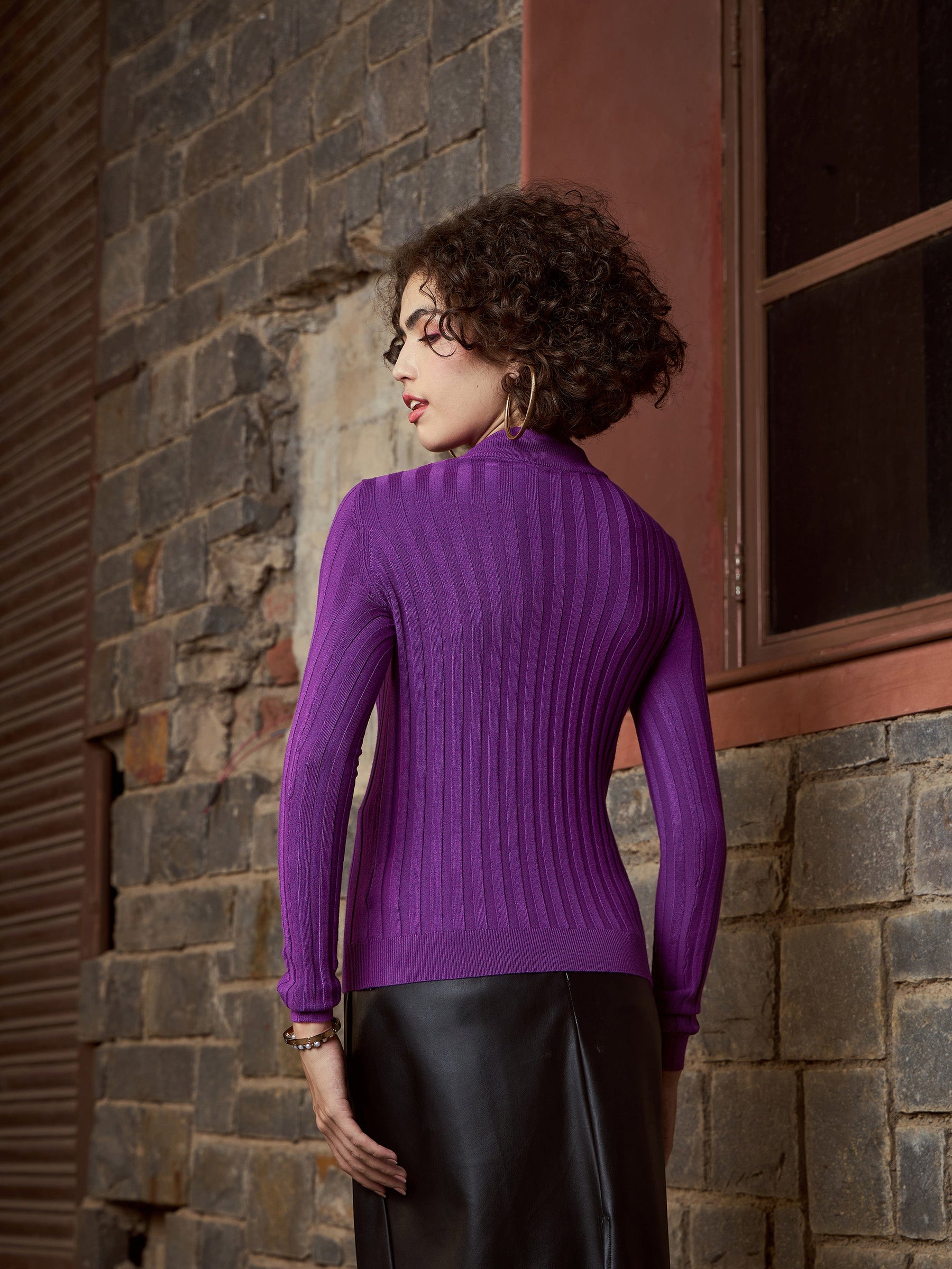 Purple Rib Full Sleeves High Neck Sweater-SASSAFRAS
