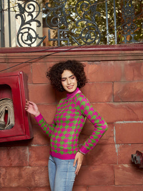Pink And Green Houndstooth Sweater-SASSAFRAS