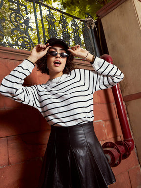 Black & White Striped Full Sleeves Sweater-SASSAFRAS
