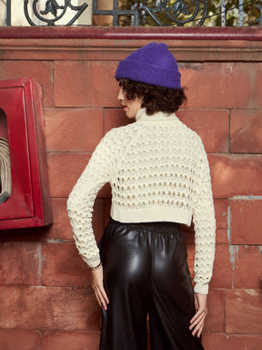 Off-White Crochet Crop Sweater Top-SASSAFRAS