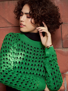 Green Crochet Crop Sweater Top-SASSAFRAS