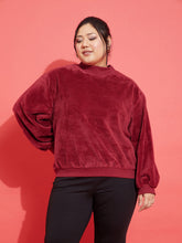 Maroon Fleece Fur High Neck Sweatshirt-SASSAFRAS Curve