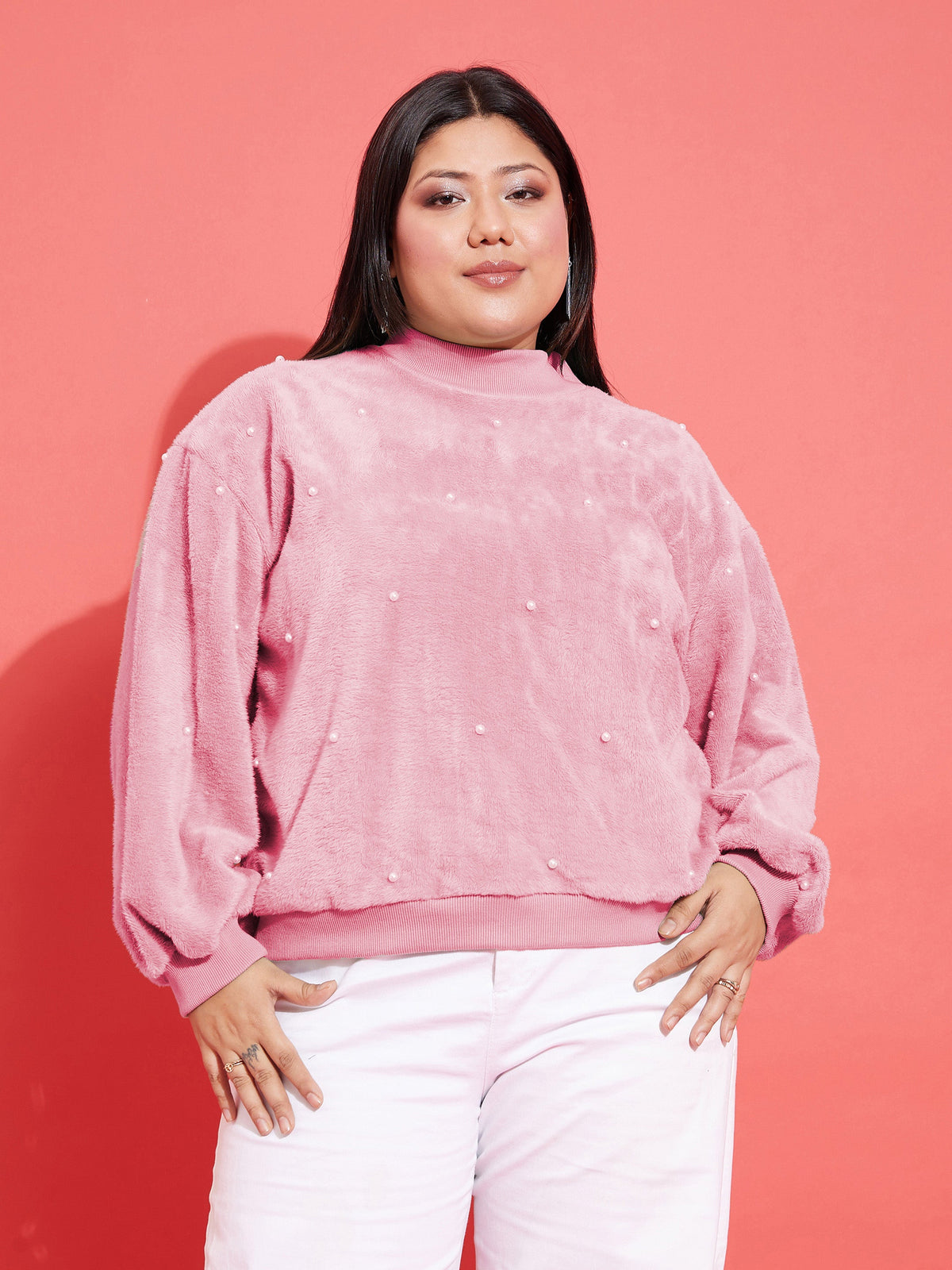 Pink Fleece Fur Pearl Detail Sweatshirt-SASSAFRAS Curve