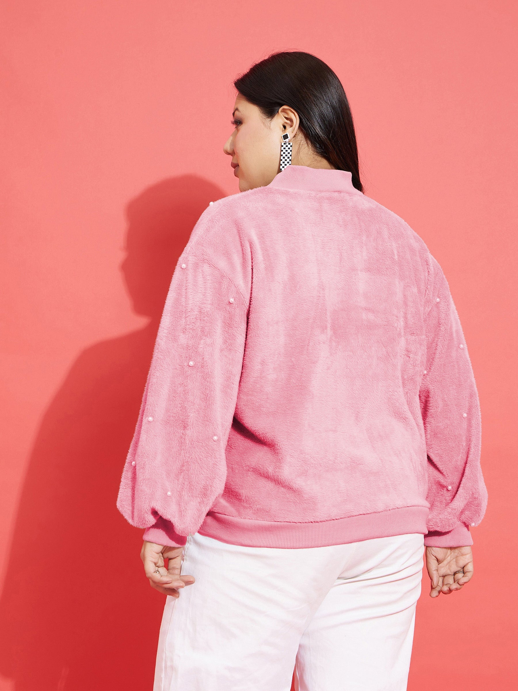 Pink Fleece Fur Pearl Detail Sweatshirt-SASSAFRAS Curve