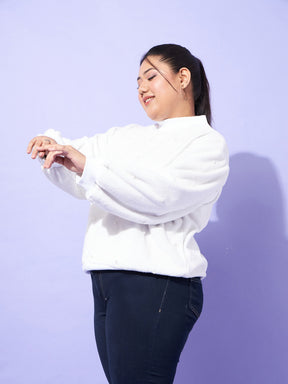 White Fleece Fur Pearl Detail Sweatshirt-SASSAFRAS Curve