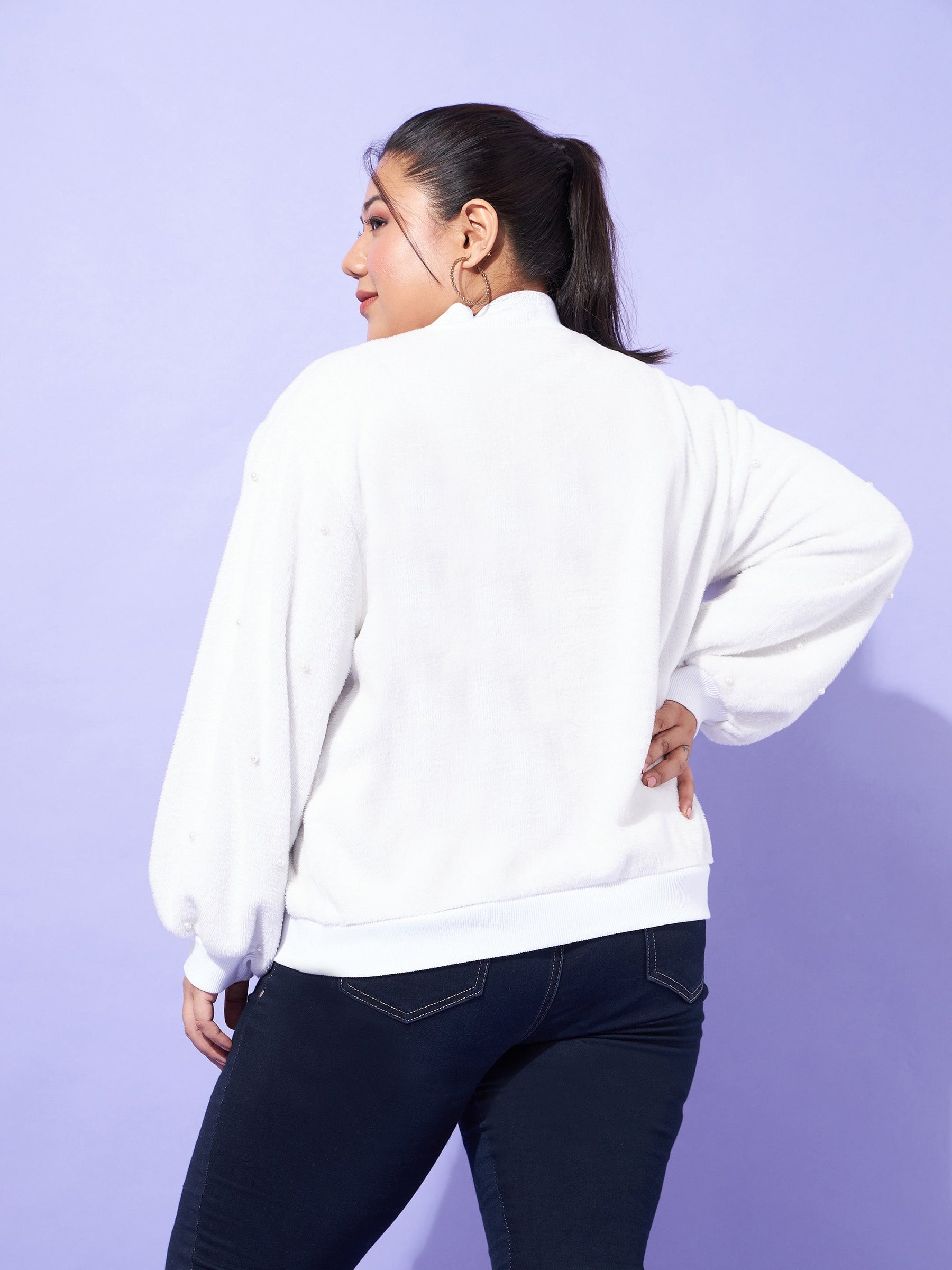 White Fleece Fur Pearl Detail Sweatshirt-SASSAFRAS Curve