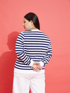 Navy & White Fleece Striped Sweatshirt-SASSAFRAS Curve