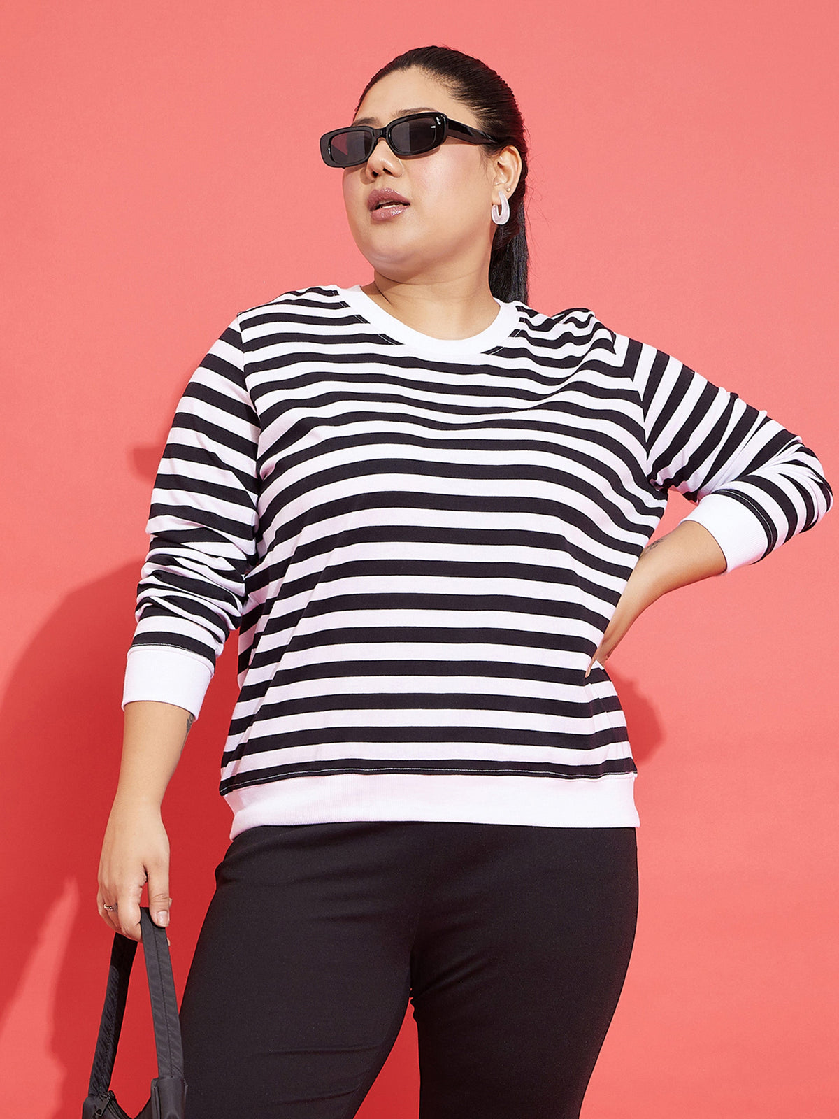 Black & White Fleece Striped Sweatshirt-SASSAFRAS Curve