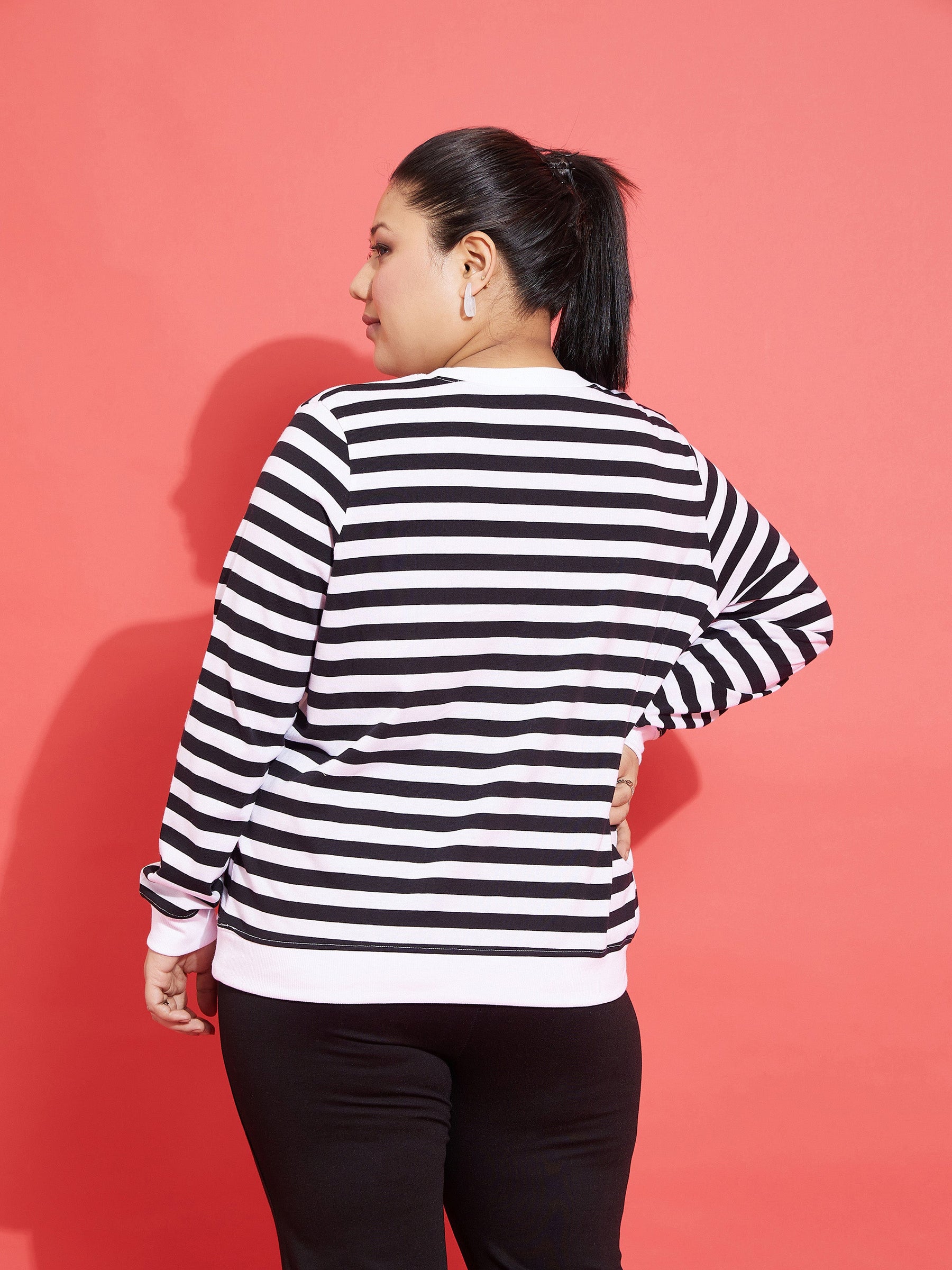 Black & White Fleece Striped Sweatshirt-SASSAFRAS Curve