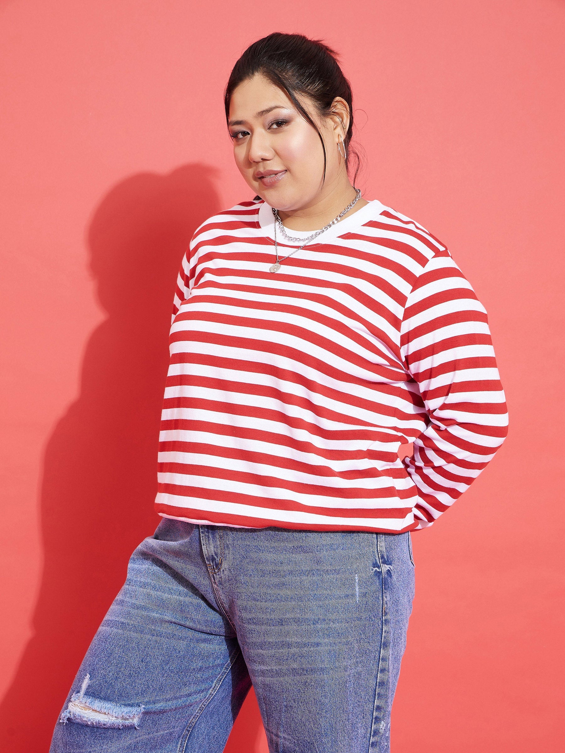 Red & White Fleece Striped Sweatshirt-SASSAFRAS Curve