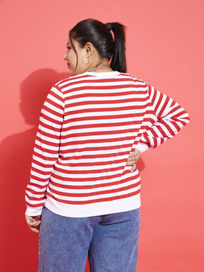 Red & White Fleece Striped Sweatshirt-SASSAFRAS Curve
