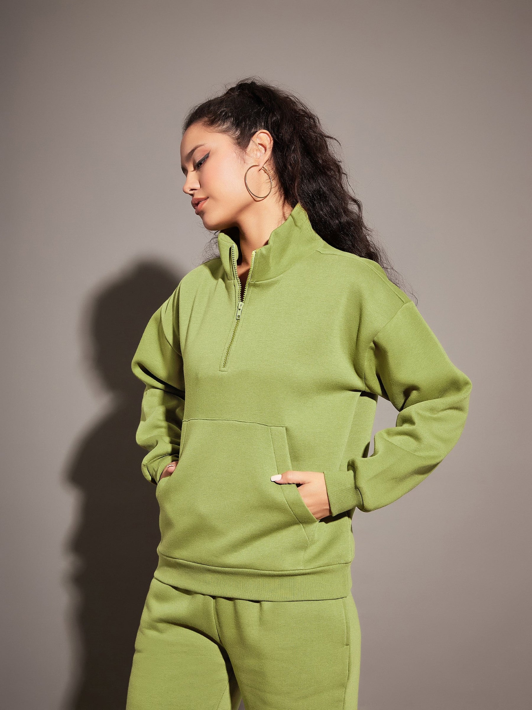 Olive Fleece Front Zipper Sweatshirt-SASSAFRAS