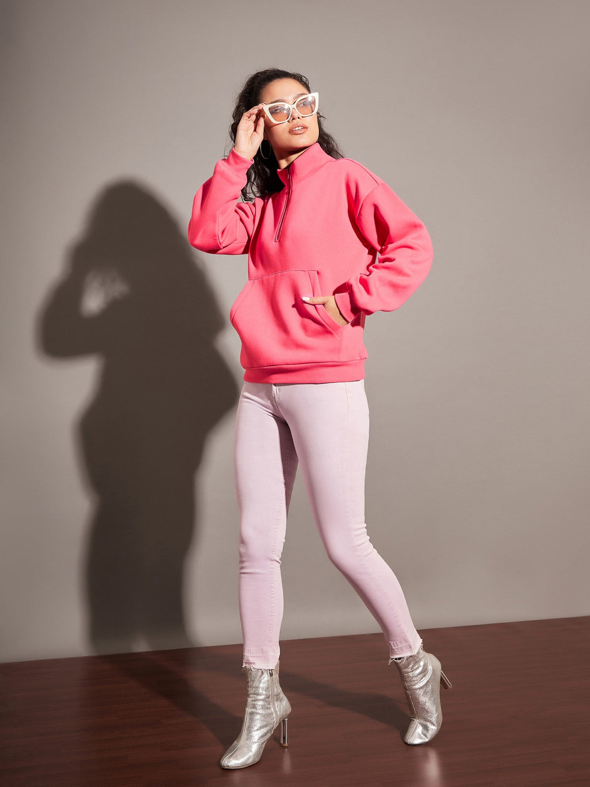 Pink Fleece Front Zipper Sweatshirt-SASSAFRAS