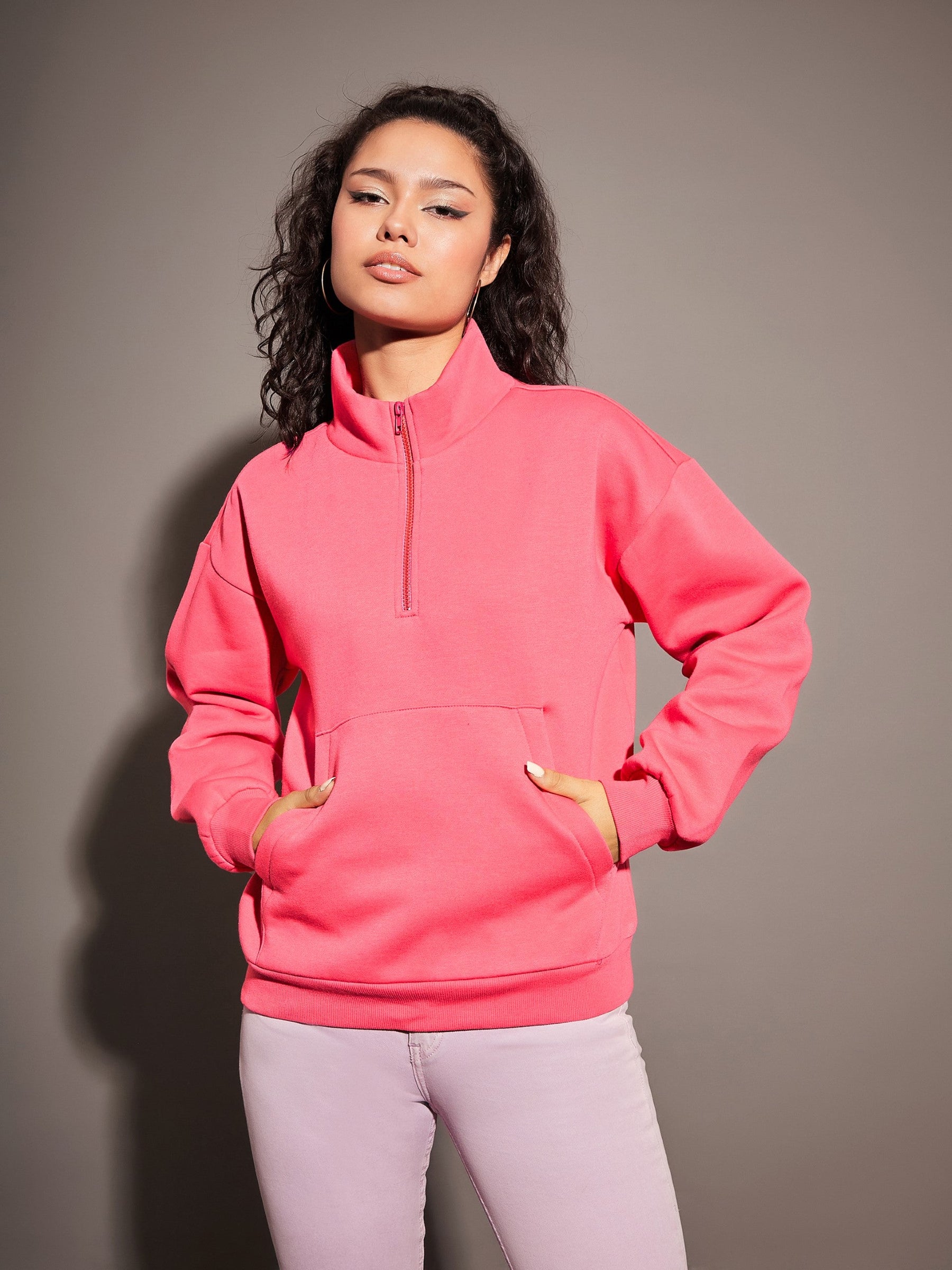 Pink Fleece Front Zipper Sweatshirt-SASSAFRAS