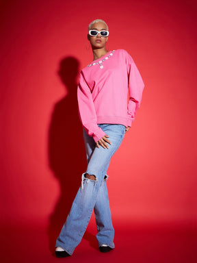 Pink Terry Neck Sequin Embellished Oversized Sweatshirt-SASSAFRAS
