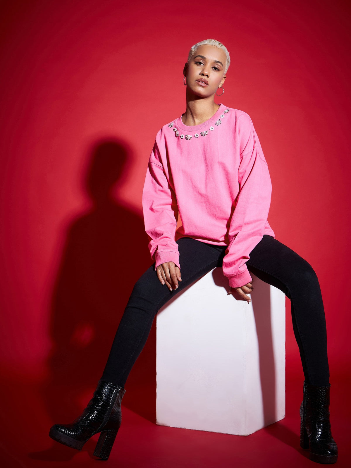 Pink Terry Stud Pearl Oversized Sweatshirt-SASSAFRAS