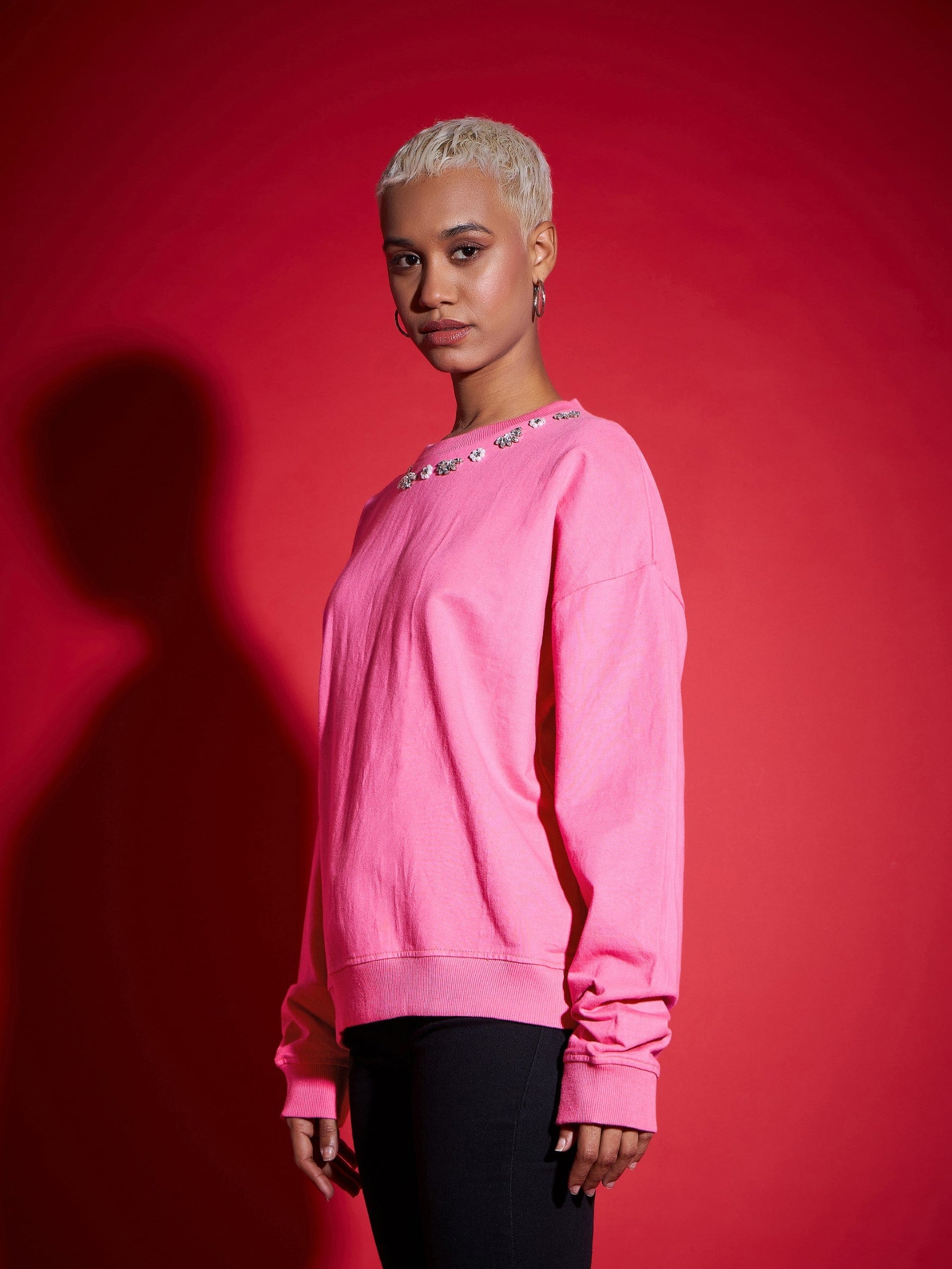 Pink Terry Stud Pearl Oversized Sweatshirt-SASSAFRAS