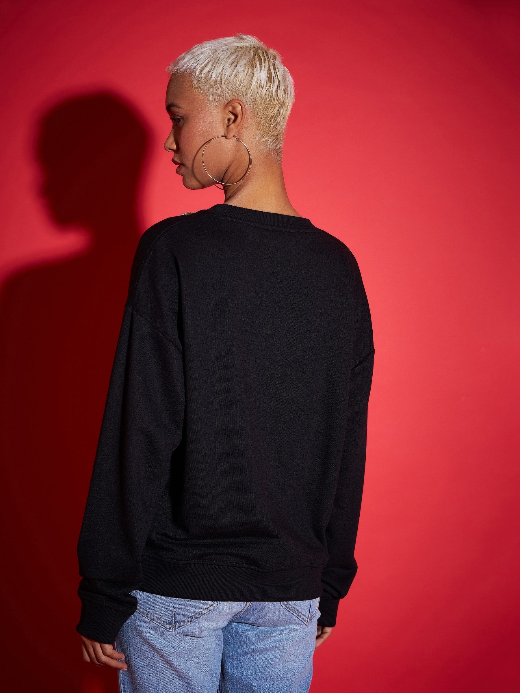 Black Terry Neck Embroidered Oversized Sweatshirt-SASSAFRAS
