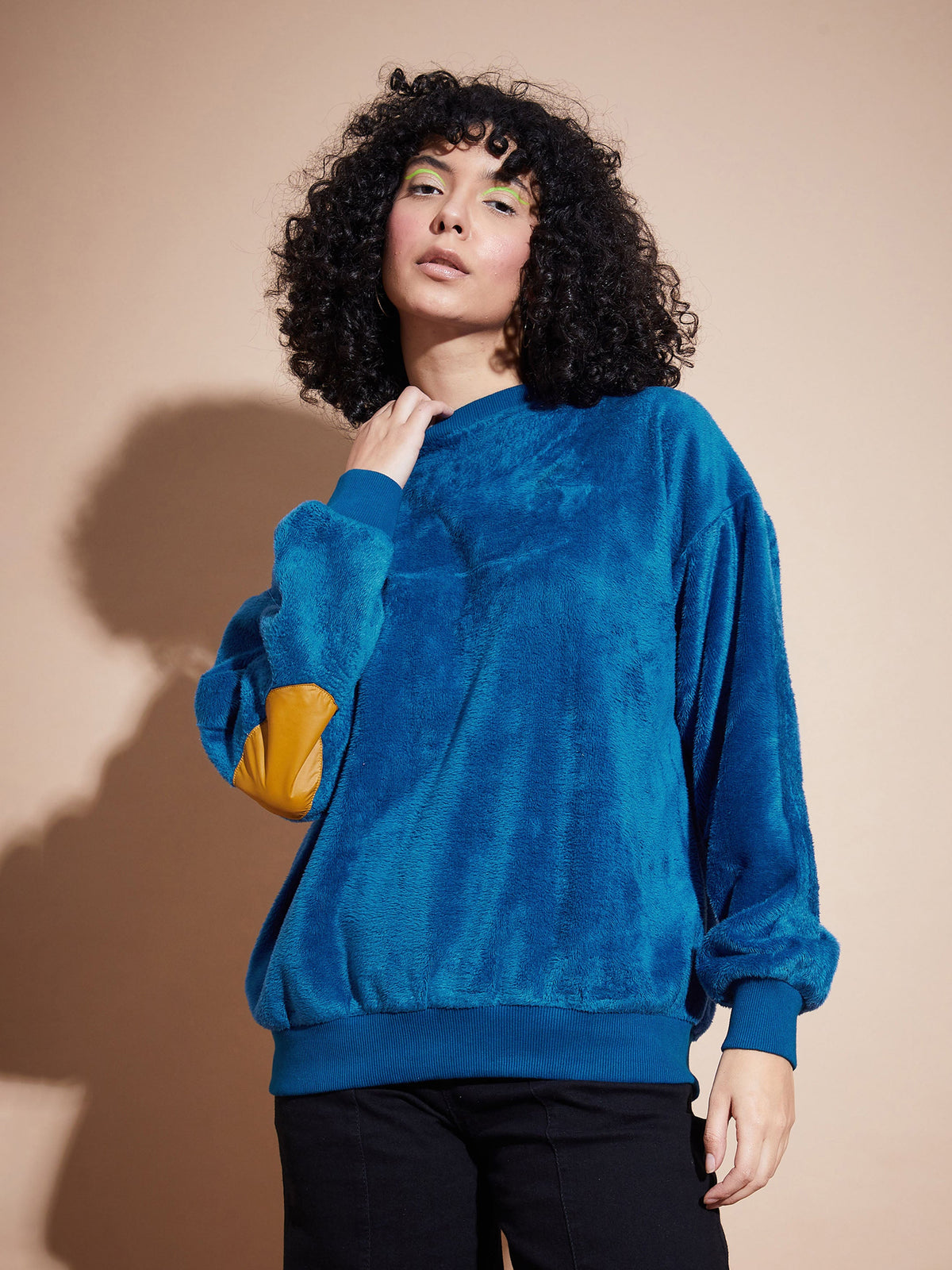 Blue Elbow Patch Fur Round Neck Sweatshirt-SASSAFRAS BASICS