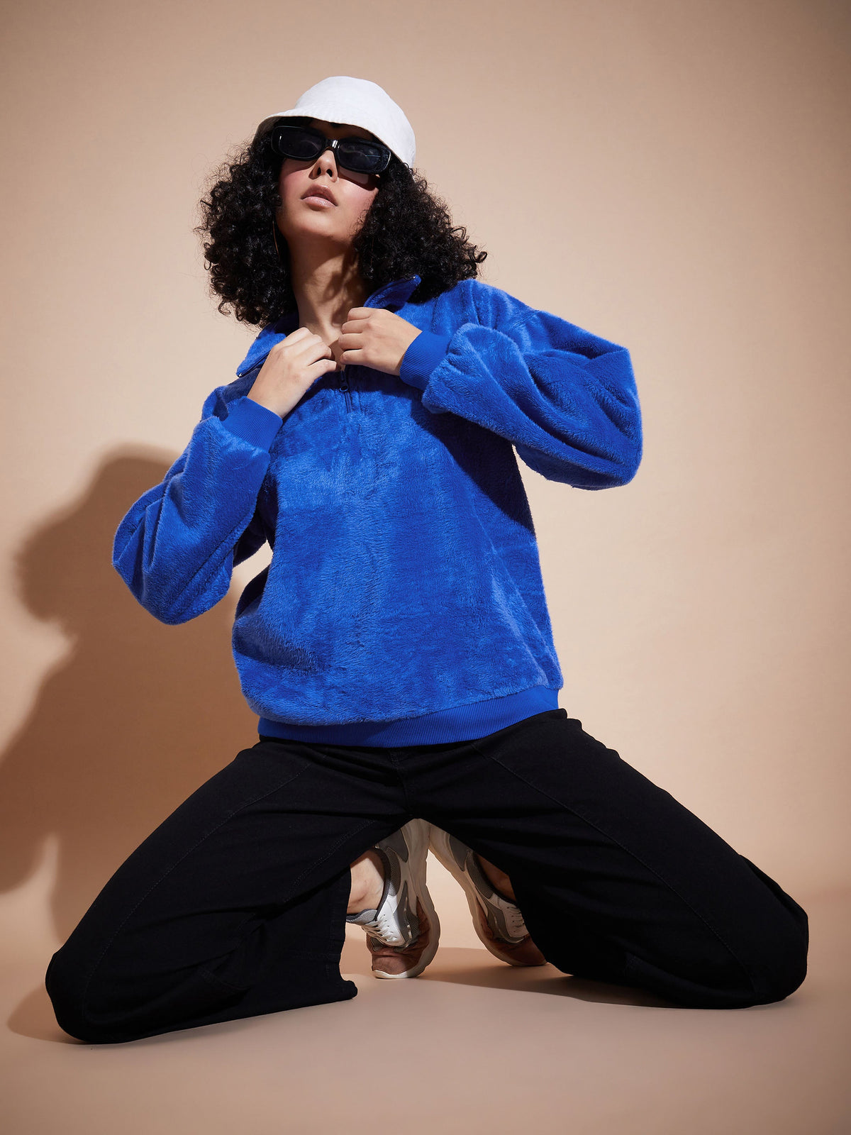 Royal Blue Front Zipper High Neck Sweatshirt-SASSAFRAS BASICS