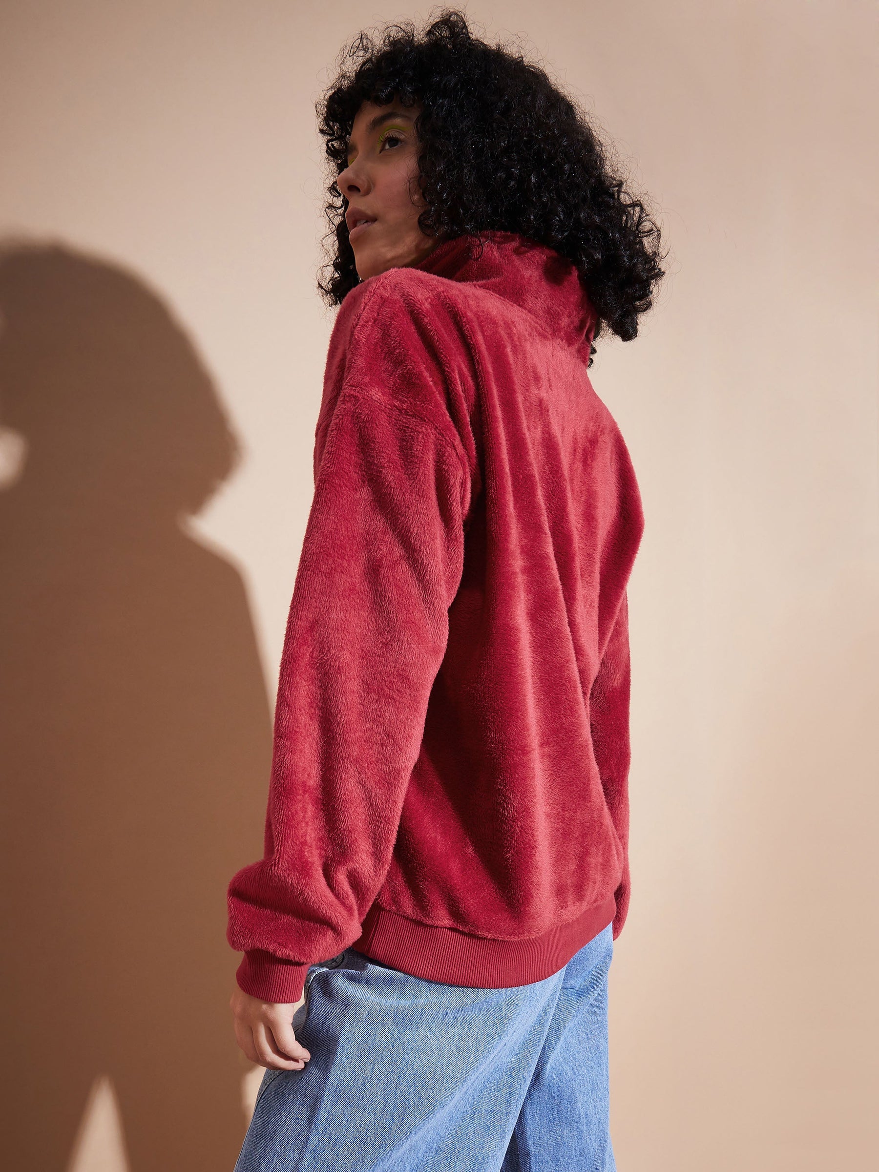Maroon Front Zipper High Neck Sweatshirt-SASSAFRAS BASICS