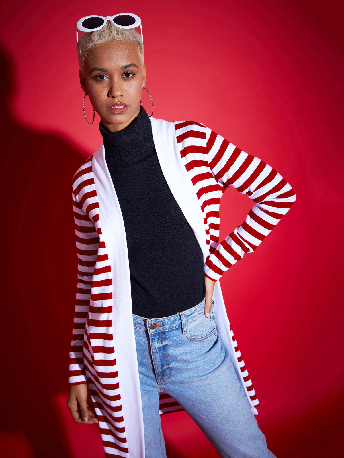 Red & White Striped Front Open Sweater-SASSAFRAS
