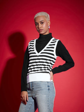 Black & White Striped V-Neck Sleeveless Sweater-SASSAFRAS