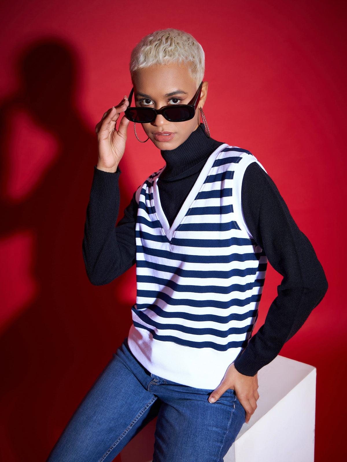 Navy & White Striped V-Neck Sleeveless Sweater-SASSAFRAS