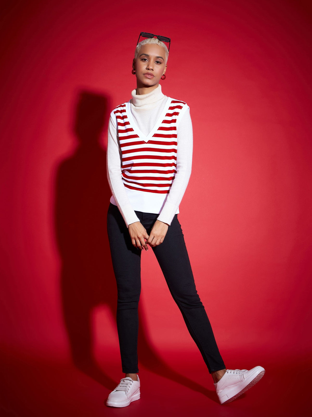 Red & White Striped V-Neck Sleeveless Sweater-SASSAFRAS