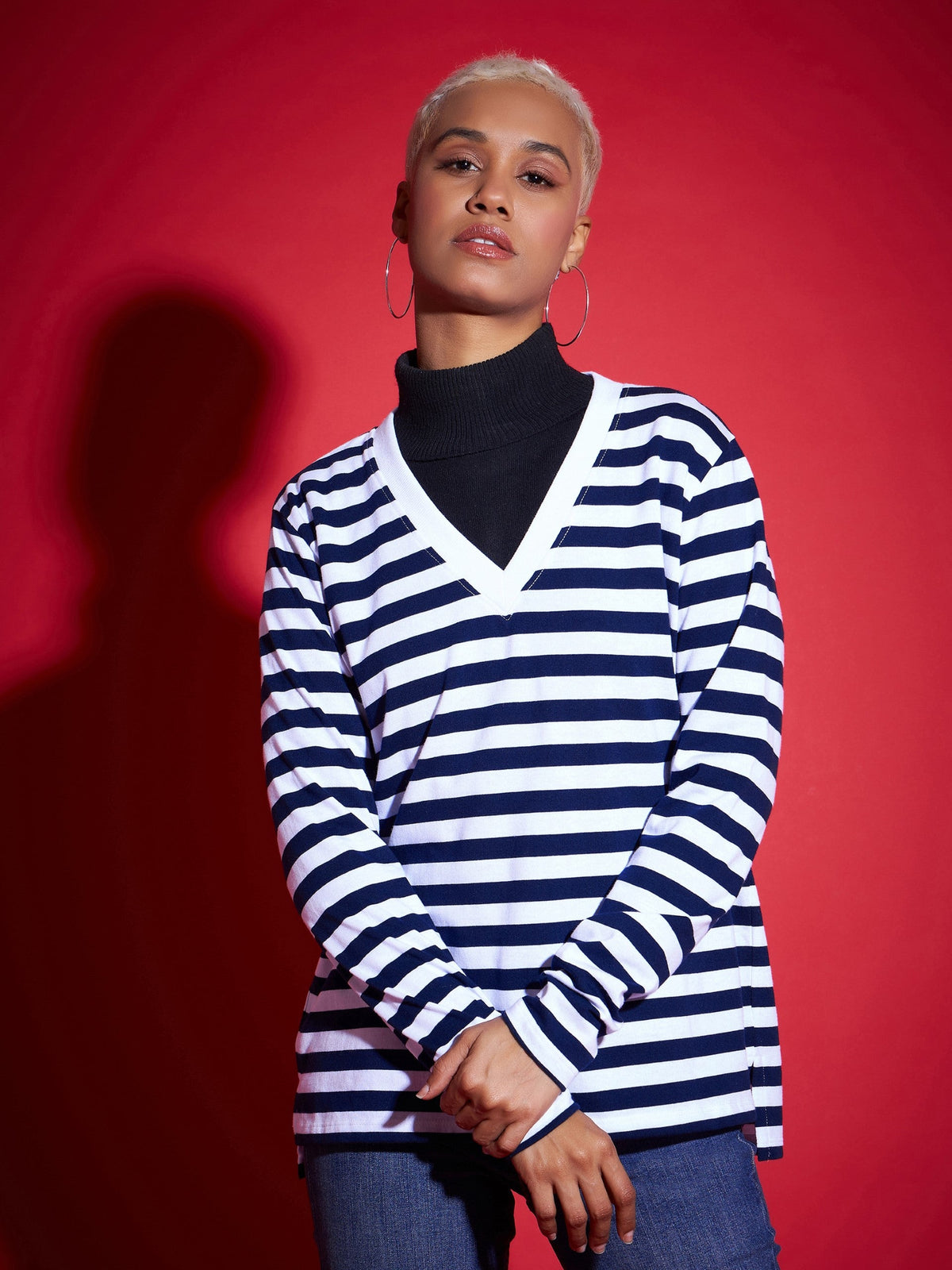 Navy & White Striped Sweater-SASSAFRAS