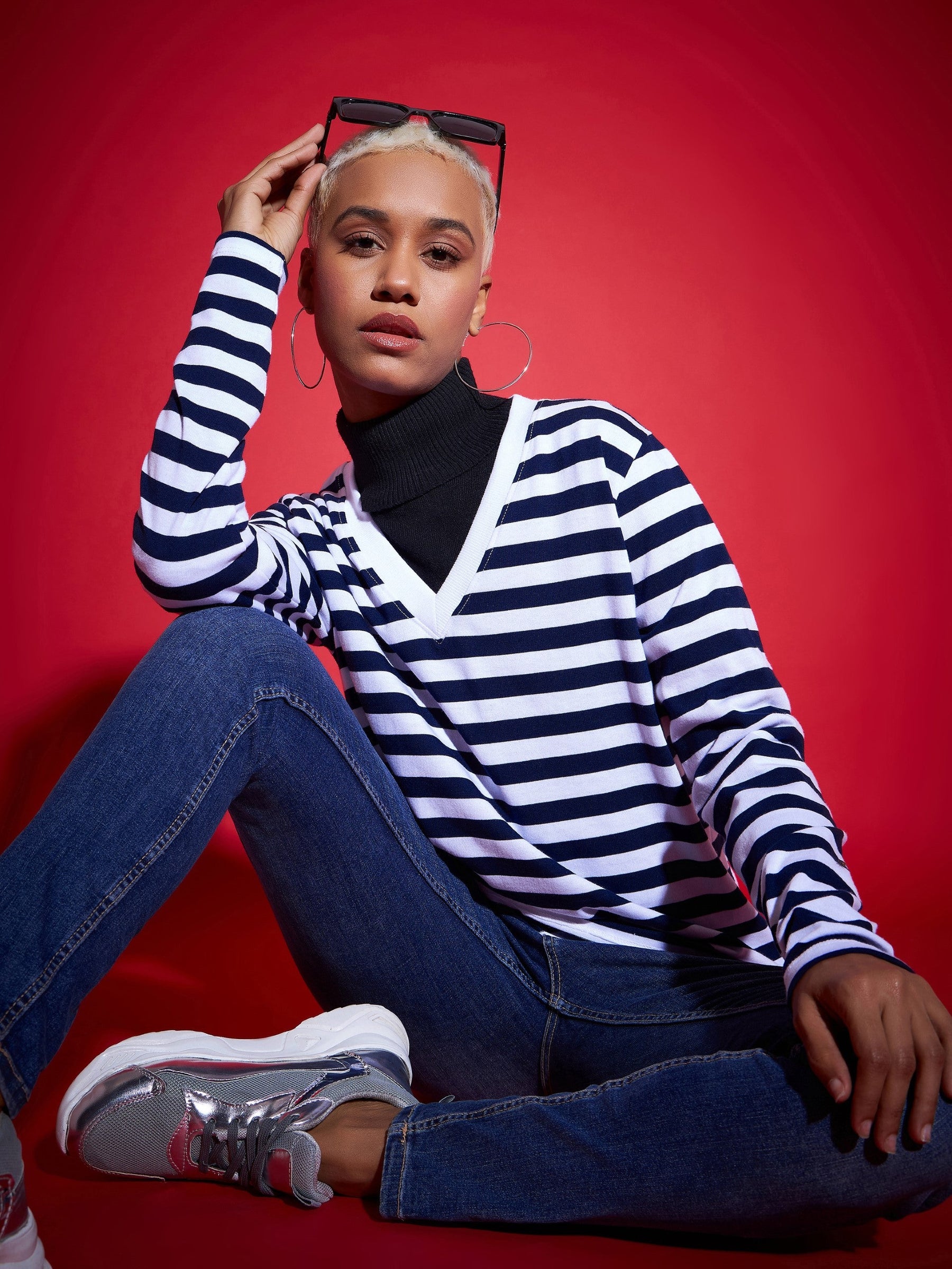 Navy & White Striped Sweater-SASSAFRAS
