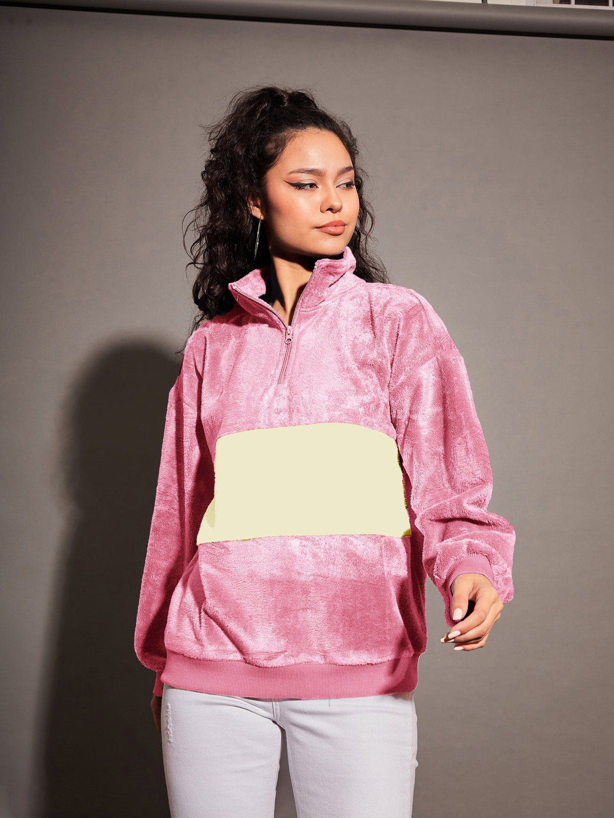 Pink Fur Colour Block High Neck Sweatshirt-SASSAFRAS
