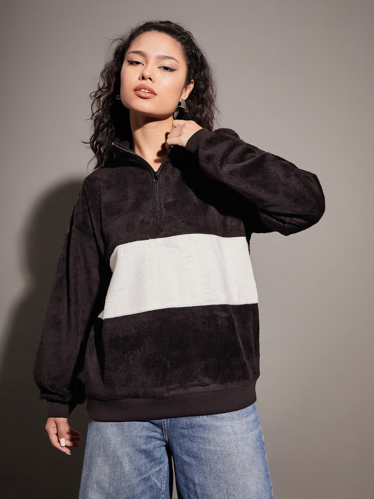 Black Fur Colour Block High Neck Sweatshirt-SASSAFRAS