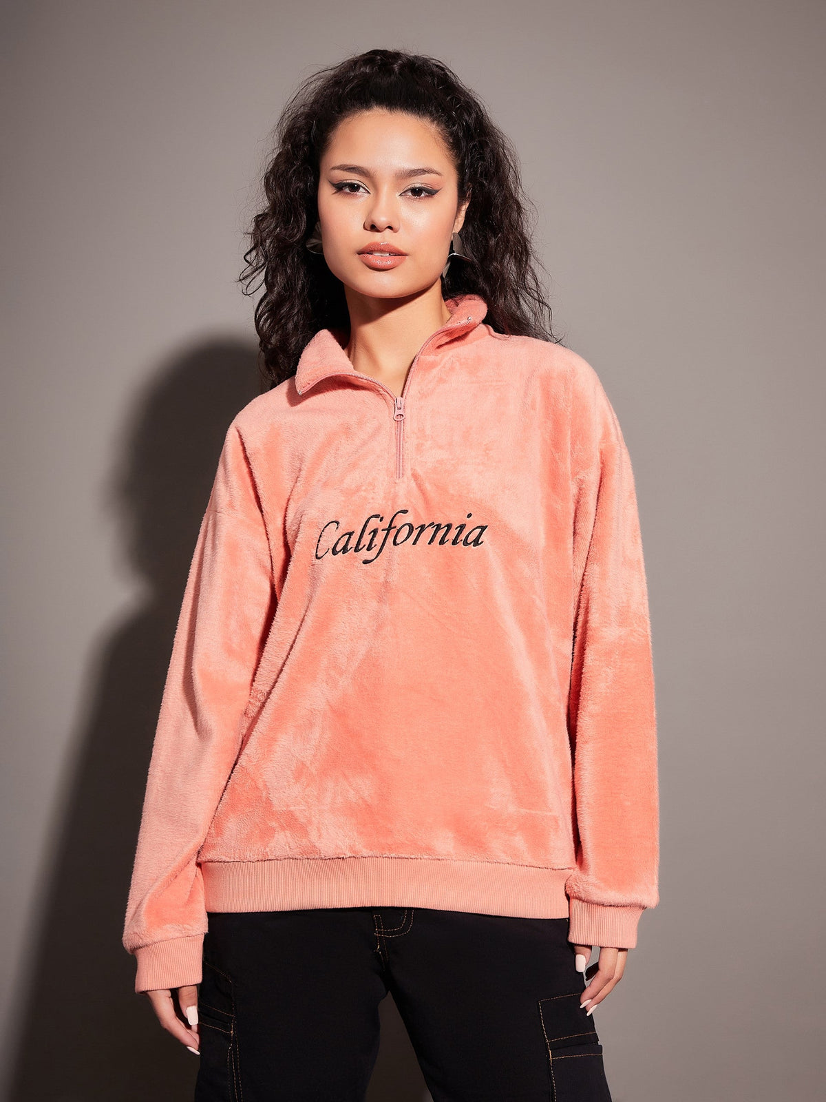 Pink Fur CALIFORNIA Embroidered High Neck Sweatshirt-SASSAFRAS
