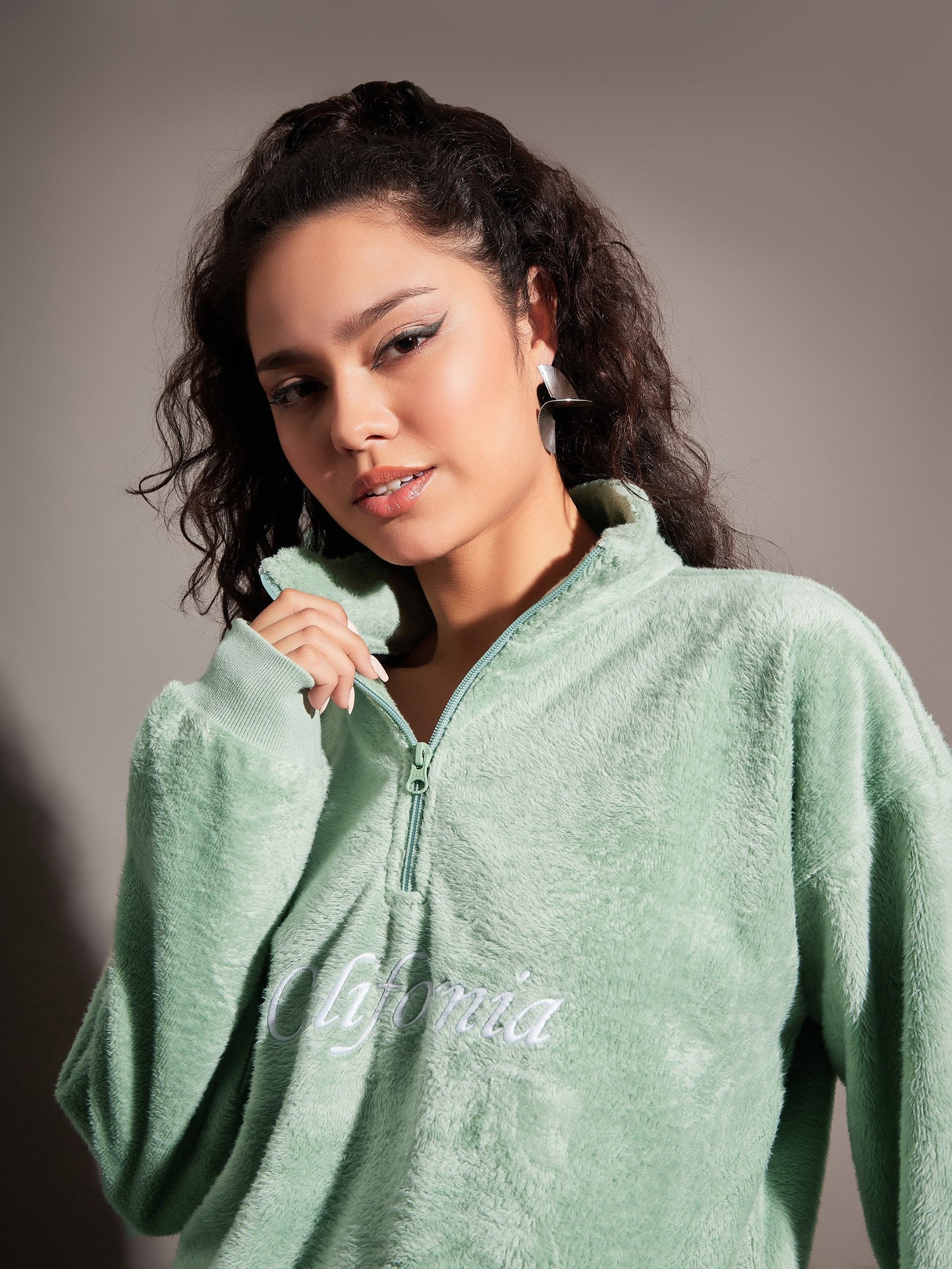 Green Fur CALIFORNIA Embroidered High Neck Sweatshirt-SASSAFRAS