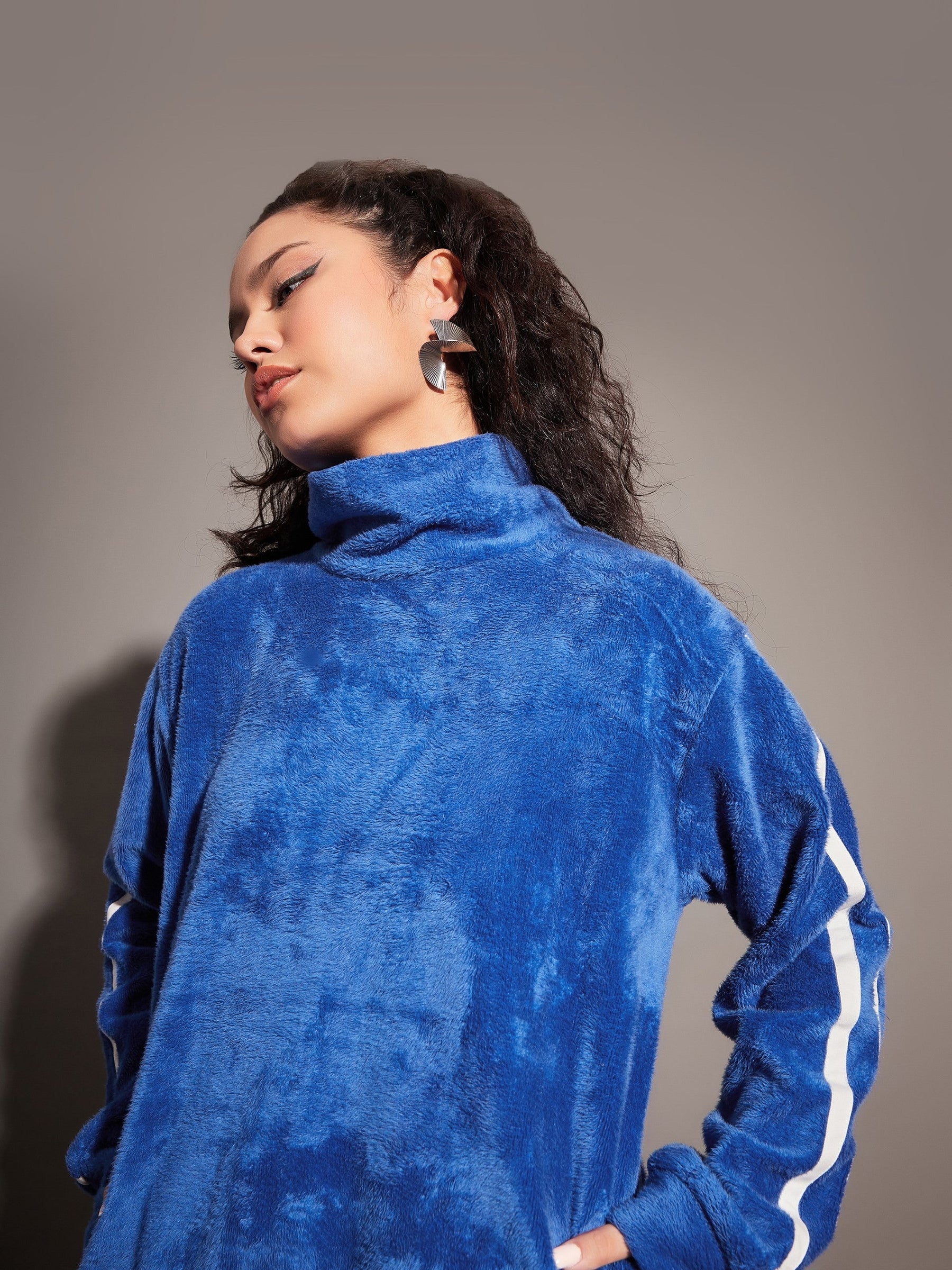 Royal Blue Fur Contrast Tape High Neck Sweatshirt-SASSAFRAS