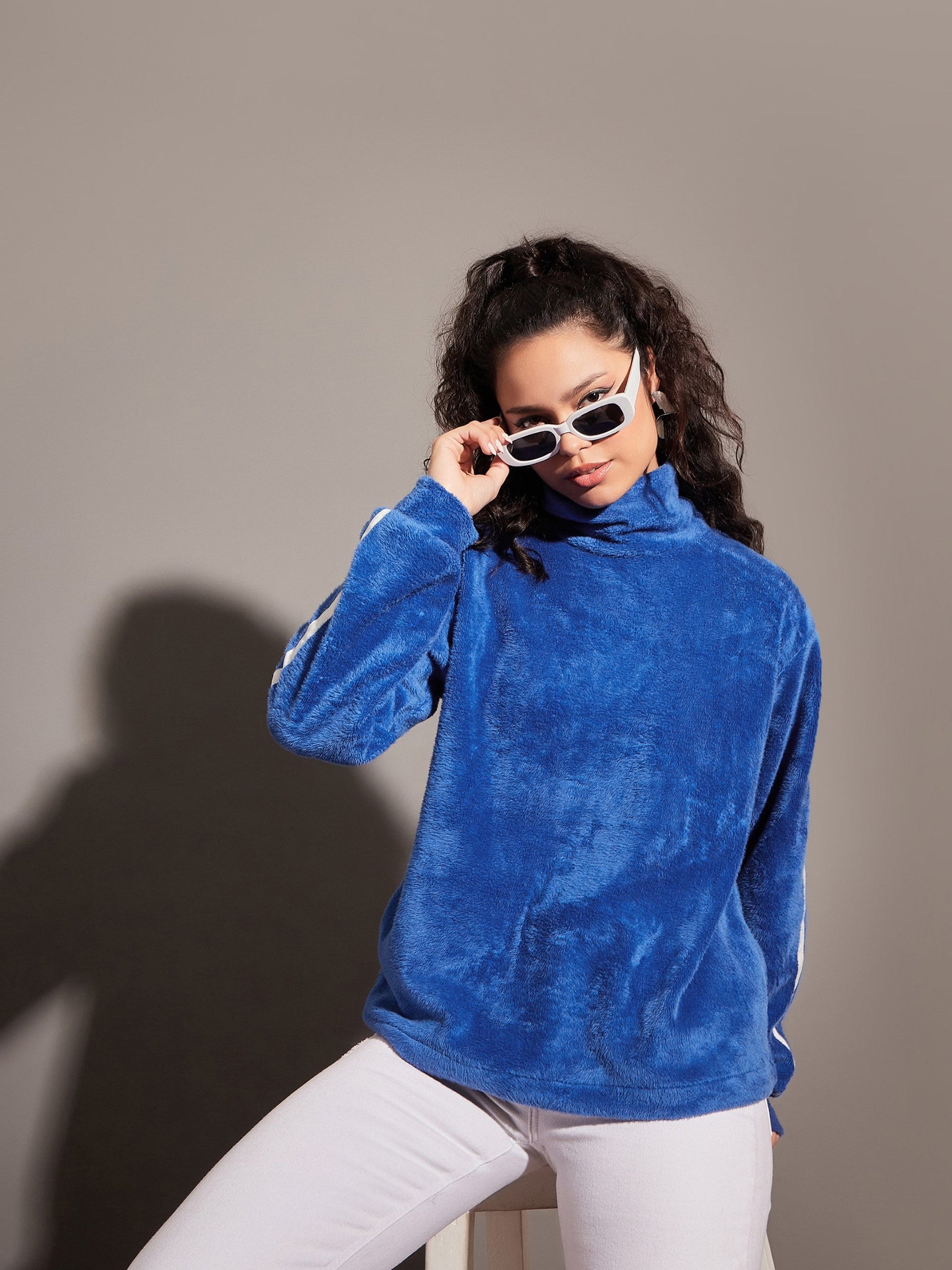 Royal Blue Fur Contrast Tape High Neck Sweatshirt-SASSAFRAS