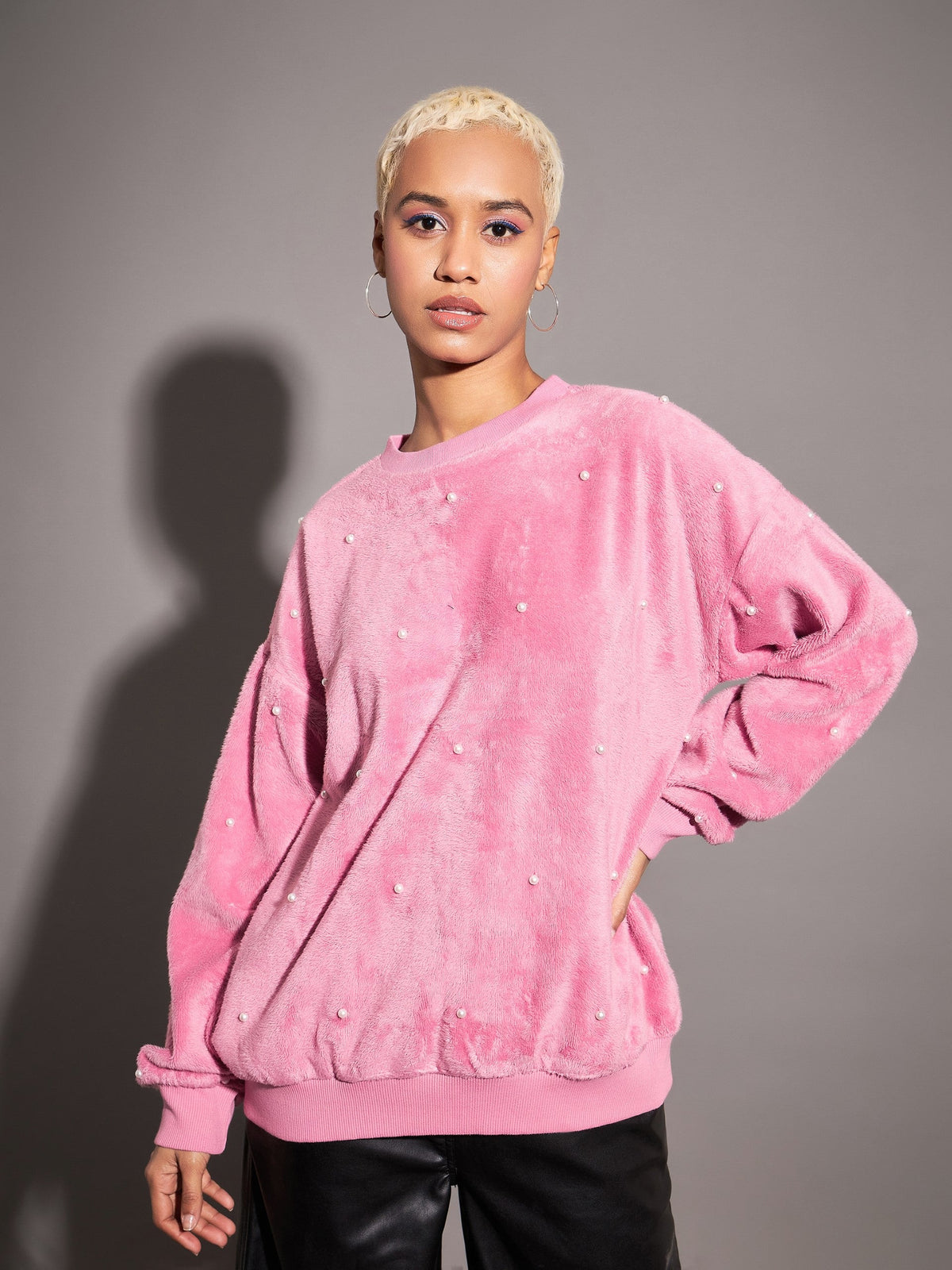 Pink Fur Pearl Sweatshirt-SASSAFRAS