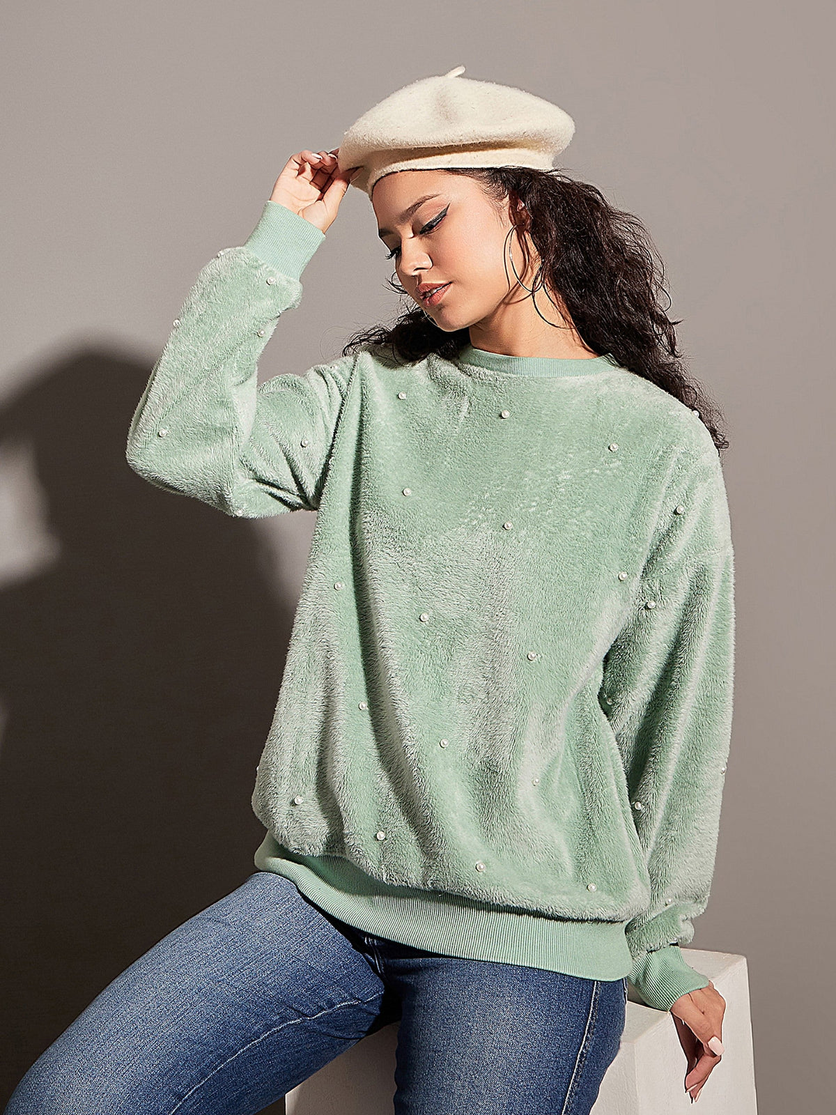 Sea Green Fur Pearl Sweatshirt-SASSAFRAS