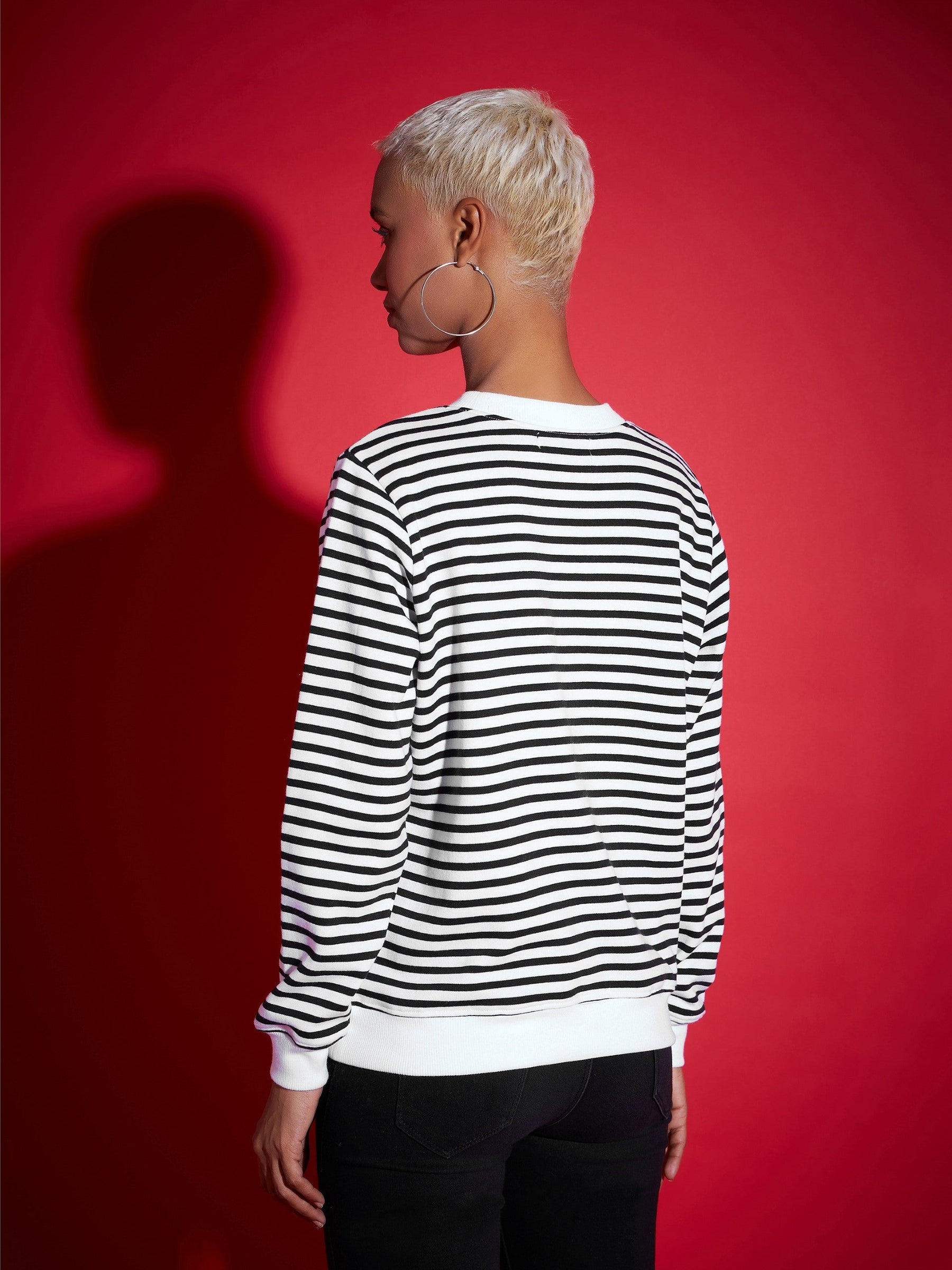 Black & White Striped Fleece Sweatshirt-SASSAFRAS