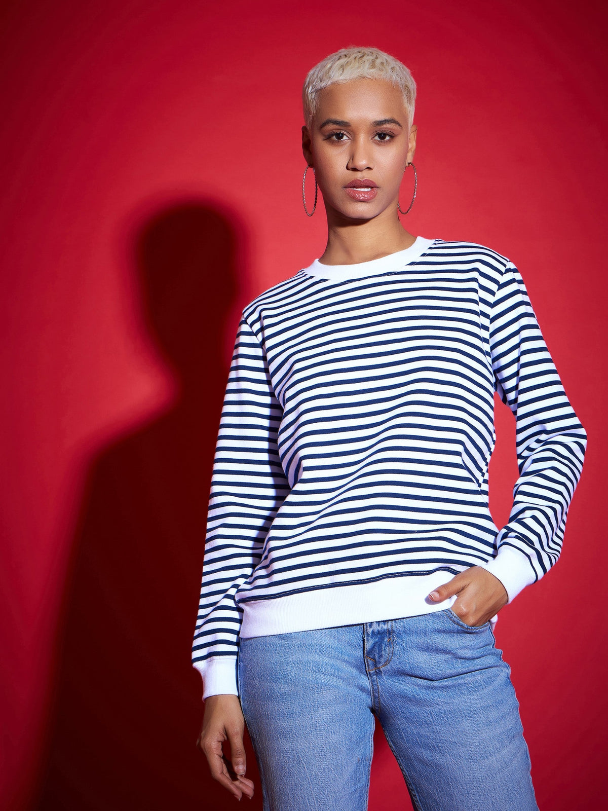 Navy & White Striped Fleece Sweatshirt-SASSAFRAS