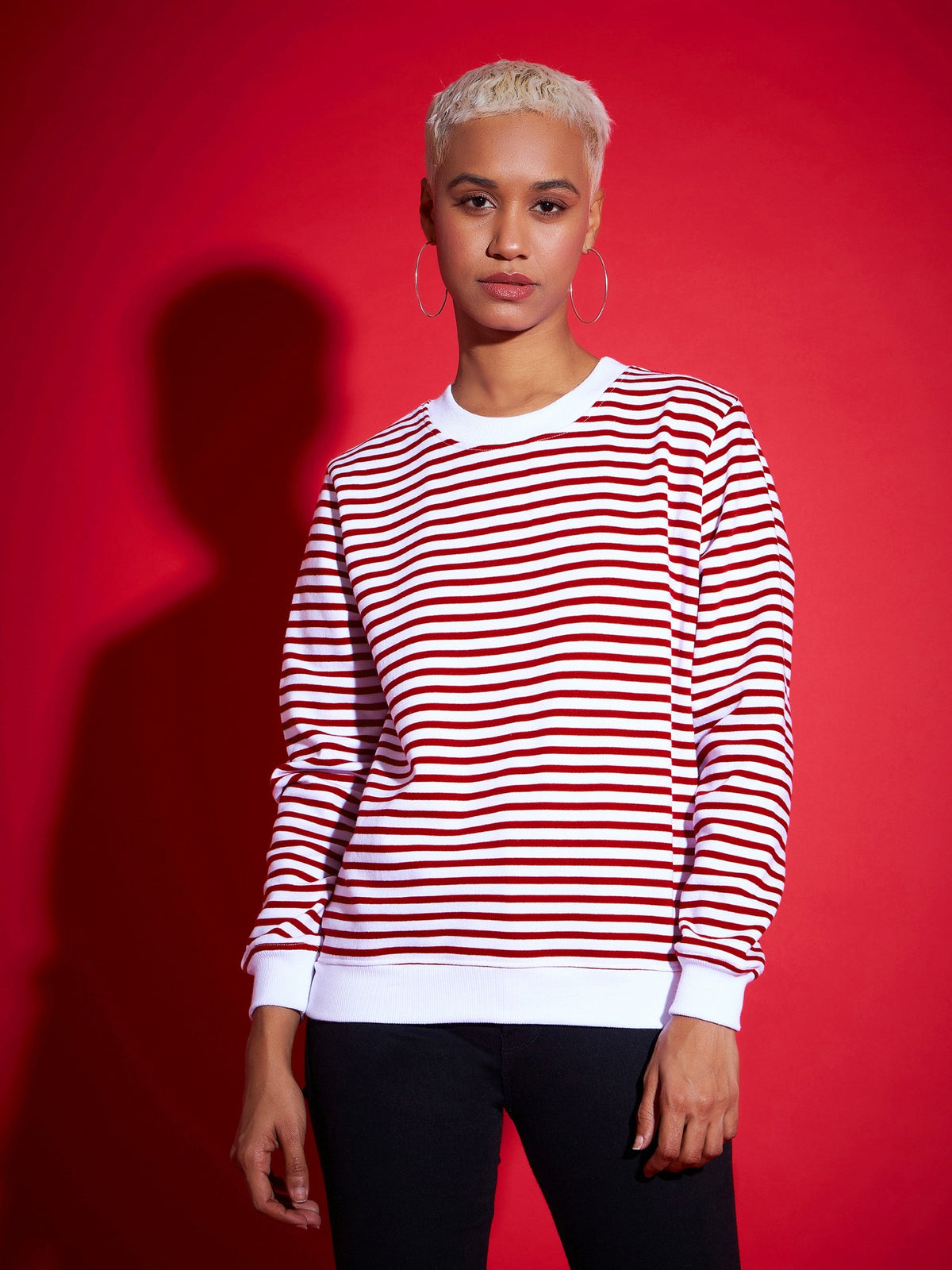 Red & White Striped Fleece Sweatshirt-SASSAFRAS