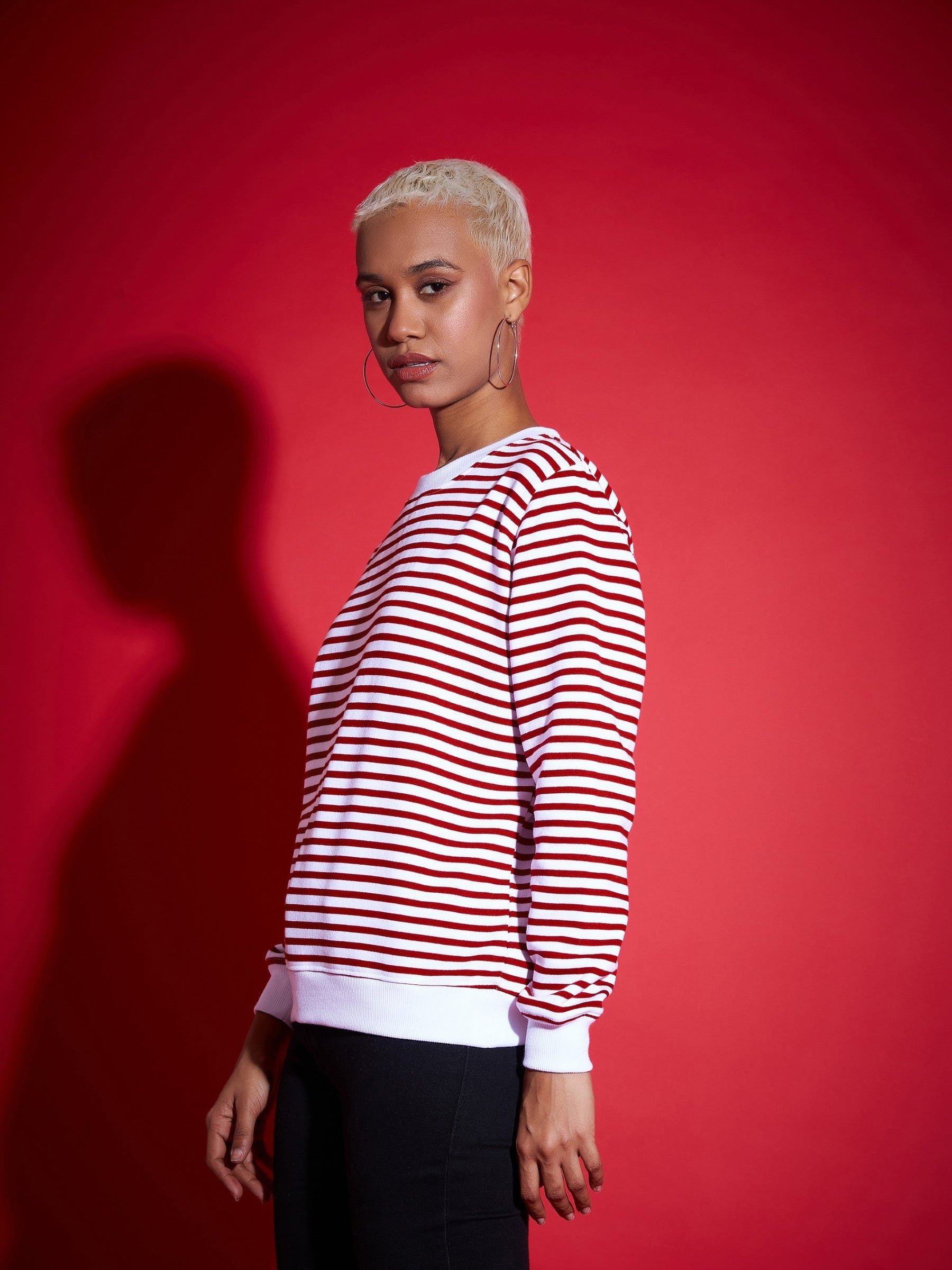 Red & White Striped Fleece Sweatshirt-SASSAFRAS