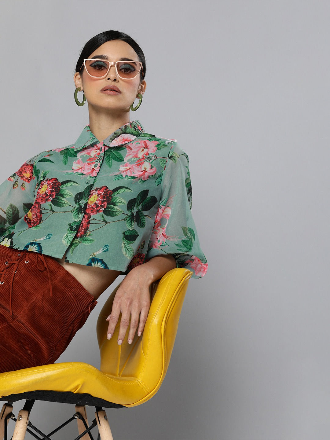 Olive Floral Organza Shirt Style Crop Top